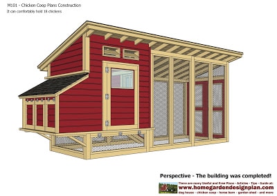 Plans for a large red chicken coop and run.