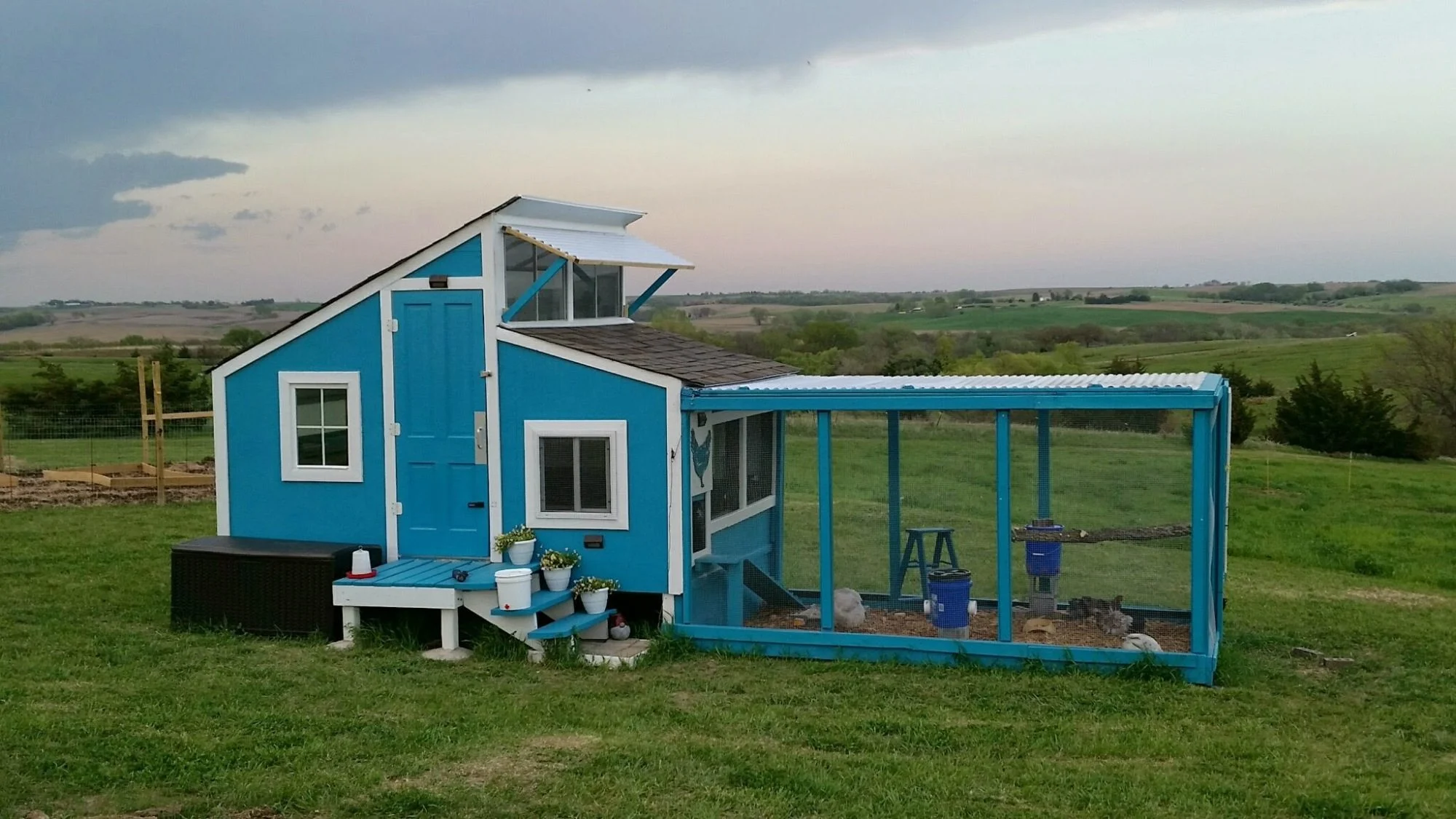 modern blue open air chicken coop with extended run in grassy backyard landscape